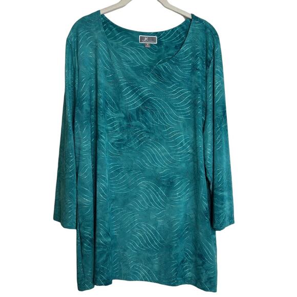 JM Collection Womens Top XL Dark Aqua Embellished Wave Print Scoop Neck - Picture 1 of 6